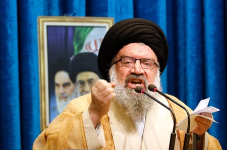 Ahmad Khatami delivers a speech looking angry