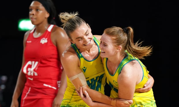 Australia’s Liz Watson (left) and Steph Wood celebrate the victory against England.
