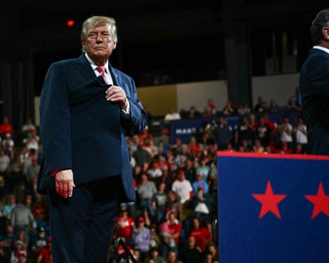 Donald Trump in front of a crowd at a campaign rally in Park City, Kansas, a suburb of Wichita, on Monday.