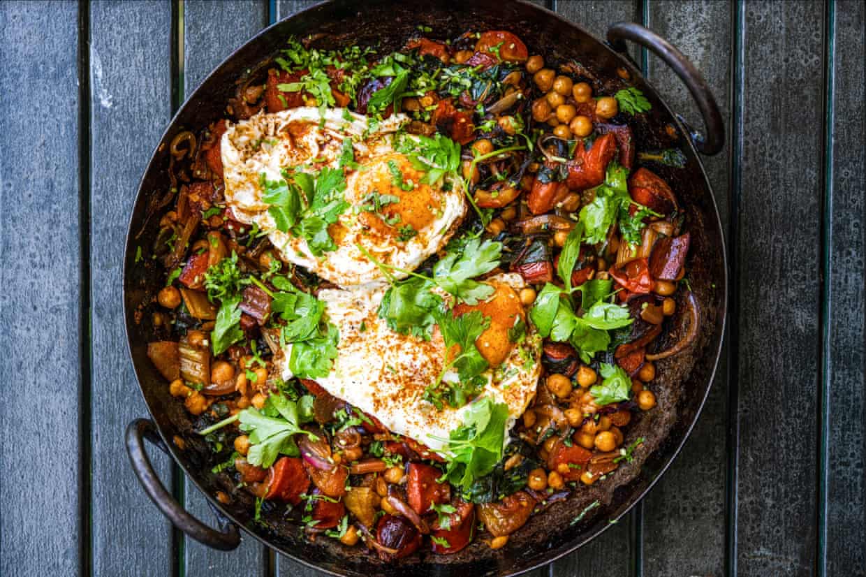 Tom Hunt’s beetroot-leaf hash with chickpeas and chorizo. Photograph: Matt Austin/The Guardian. Food styling: Tom Hunt.