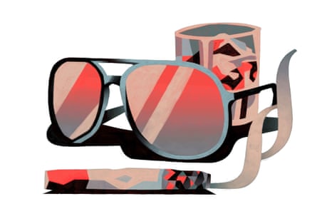 SPOT illustration for long read about carbon credit fraud - sunglasses, whisky and cigarettes