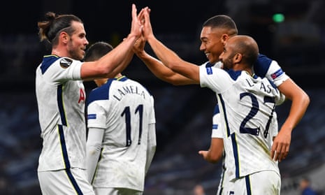 Tottenham Hotspur’s Lucas Moura celebrates scoring their first goal with Carlos Vinicius and Gareth Bale.