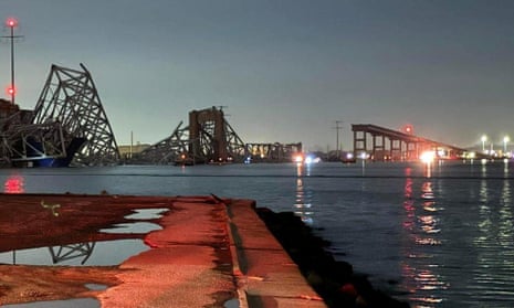 A view of the Francis Scott Key Bridge after it collapsed, in Baltimore.