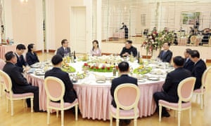 Kim Jong Un talking with South Korean delegation, who travelled as envoys of the South’s President Moon Jae-in, during a dinner in Pyongyang.