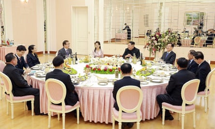 Kim Jong Un talking with South Korean delegation, who travelled as envoys of the South’s President Moon Jae-in, during a dinner in Pyongyang.