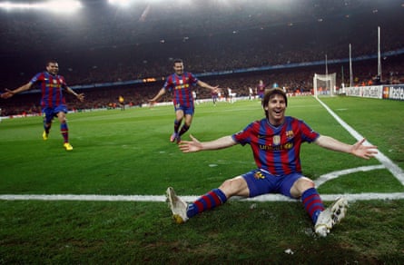 Lionel Messi celebrates after scoring one of his four goals against Arsenal during their Champions League quarter-final second-leg in 2010