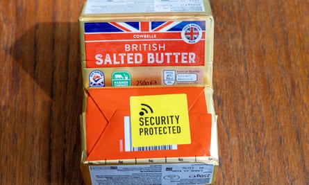 Yellow security tag on slab of butter