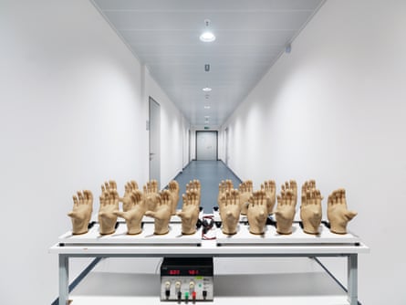 Reiner Riedler’s unsettling 2013 picture of prosthetic hands on a test station.