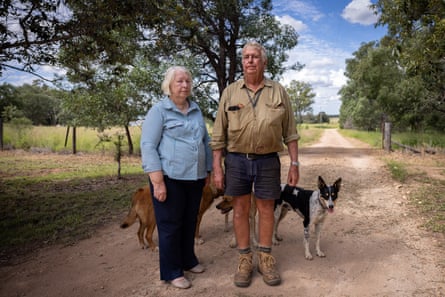 A man and woman standing on a dirt path with two dogs and trees in the background