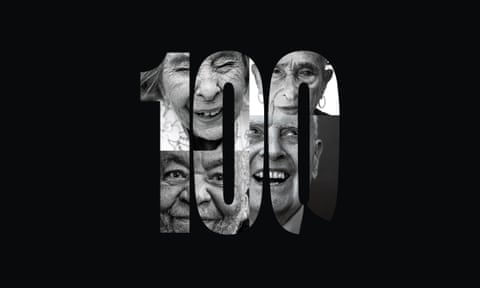 The number 100, made up of black and white photographs of Angela Redgrave, Stella Armour, Colin Bell and Edmund W Gordon