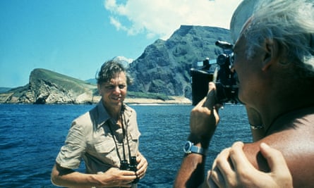 David Attenborough during filming of Life on Earth, 1979