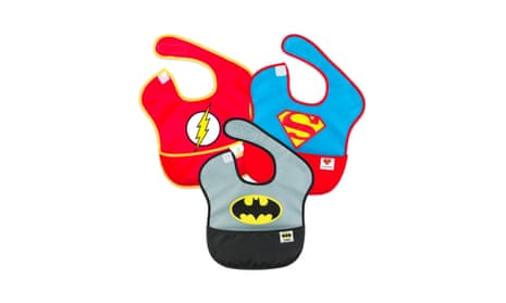 Three baby bibs with the superhero logos of the Flash, Superman and Batman