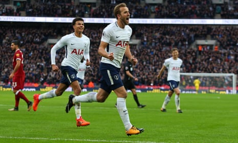 Harry Kane celebrates after scoring the fourth for Spurs.