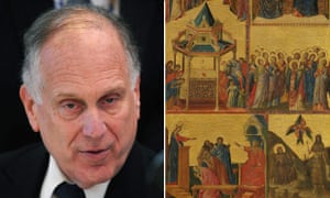 Ronald S Lauder and a section of the Giovanni da Rimini painting Scenes from the Lives of the Virgin and Other Saints.
