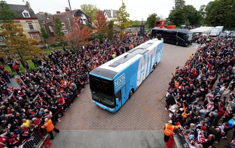The Manchester City team bus arrives at Anfield in 2022.