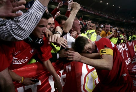 Steven Gerrard celebrates with supporters after leading Liverpool to a never-to-forgotten victory.