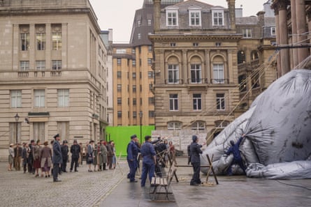A large scene in Liverpool with a snagged barrage balloon. Most of the effect was done with a huge model, but there will be embellishments added in postproduction.