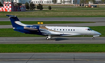A private jet with the tail number RA-02795 at an airport in St Petersburg on 9 May 2023
