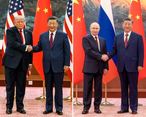 Side by side comparison of Trump and Putin shaking hands with Xi