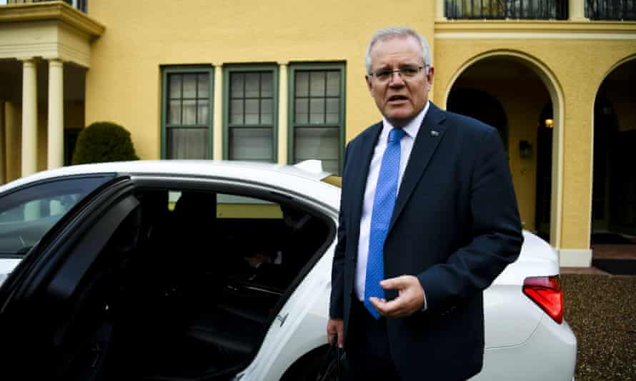 Australian prime minister Scott Morrison leaves the Lodge after spending two weeks in quarantine