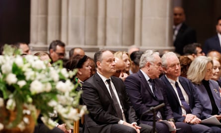 (L-R) Doug Emhoff, US deputy state secretary Kurt M. Campbell, and Senator Chris Van Hollen sit alongside each other during the memorial service. WCK staffers, family members of the aid workers and White House administration officials gathered for the service to honor the seven victims who were killed on 1 April in Gaza