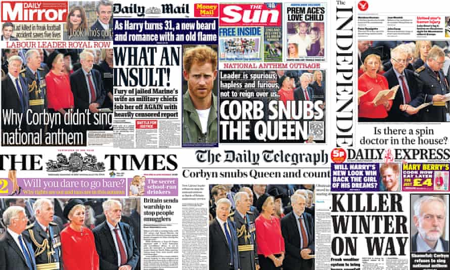 Composite of newspaper front pages reporting on Jeremy Corbyn not singing the national anthem