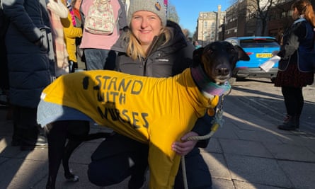 Lenny the rescue greyhound joins his owner Katie Ackers, on the picket line outside Bristol Royal Infirmary