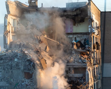 A multi-storey residential building damaged in a massive Russian missile and drone attack is seen in the Darnytskyi district of Kyiv, Ukraine.
