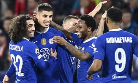 Kai Havertz (second left) celebrates with teammates after scoring Chelsea's second goal during the Champions League match against Salzburg.