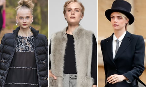 (from left) luxe padded jacket and shiny flats in Chanel’s autumn-winter 2018 collection; Me + Em - teversible shearling gilet; and Cara Delevingne in top hat and tails at Princess Eugenie’s wedding