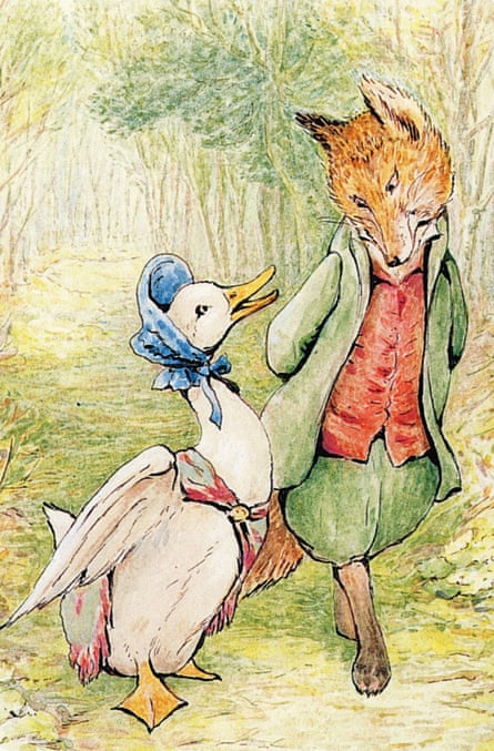 Illustration de Beatrix Potter en 1908 du gentleman à moustaches foxy avec Jemima Puddle-Duck.