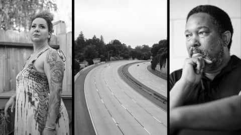 Left: Christina Hughes - woman with arm tattoos stands for a portrait. Center: empty highway Right: Ramon Price Sr - man rests his hand on his chin