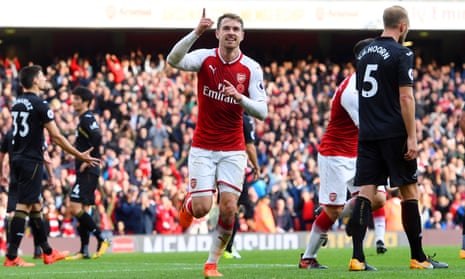 Aaron Ramsey celebrates scoring the second Arsenal goal against Swansea.