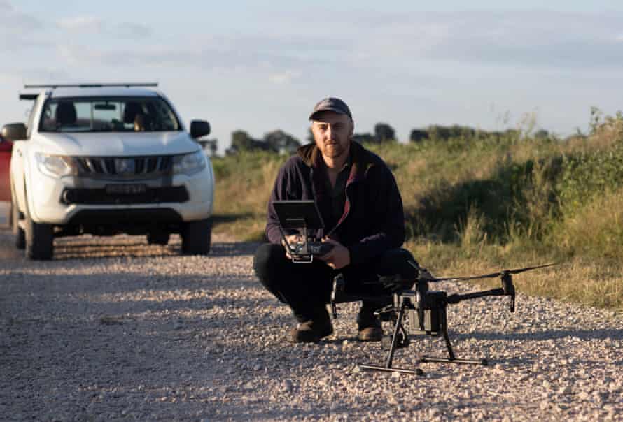 Wildlife ecologist Matt Herring prepares to search for bittern nests with his infra-red drone at dawn on a rice farm in NSW