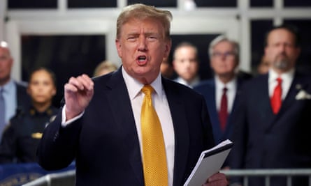 Donald Trump speaks to reporters at Manhattan criminal court, on 21 May, in New York. He is estimated to have spent more than $100m on lawyers and other legal costs.