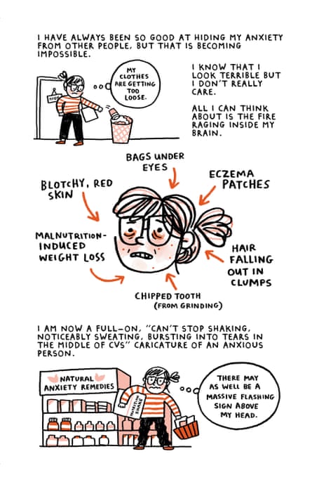 An illustration of a woman’s face with arrows pointing to different parts she is criticising, i.e., ‘bags under eyes’, ‘chipped tooth’. The picture is an illustration of acute anxiety