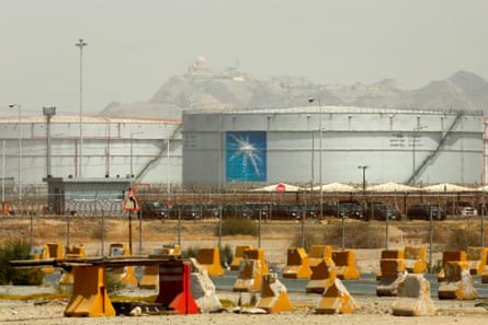 Storage tanks at an Aramco oil facility