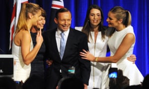 Tony Abbott with his wife, Margie, and daughters Louise, Frances and Bridgette as they celebrate his election victory in 2013.
