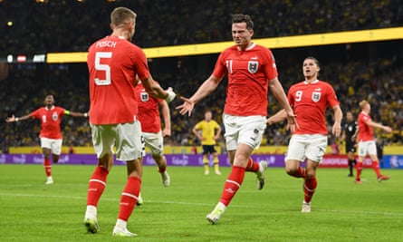 Michael Gregoritsch celebrates after scoring for Austria against Sweden