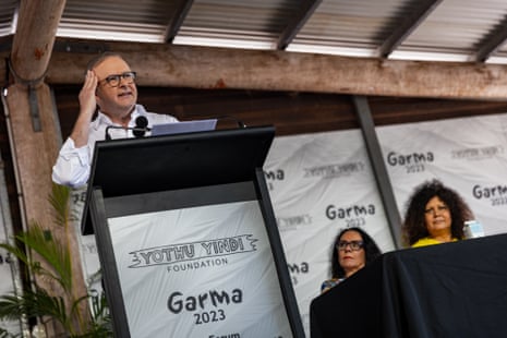 Australian prime Minister Anthony Albanese (left) speaks during Garma festival in East Arnhem Land on Saturday.