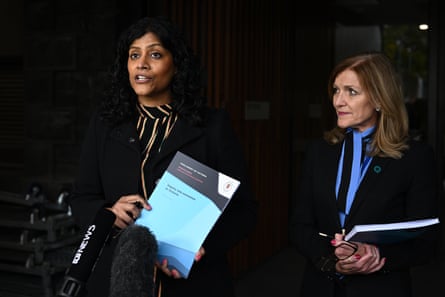 Victorian Greens leader Samantha Ratnam (left) and Reason party leader Fiona Patten speak to media about the report on extremism in the state.