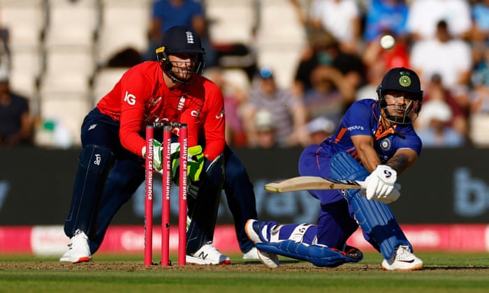 India’s Ishan Kishan hits the ball and is caught out by England’s Matt Parkinson off the bowling of Moeen Ali.
