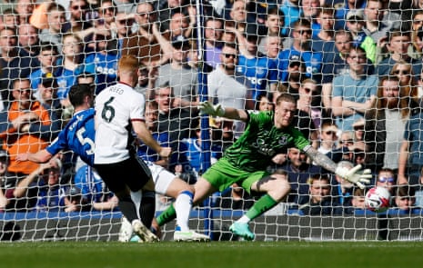Harrison Reed beats Pickford to give Fulham the lead against Everton.