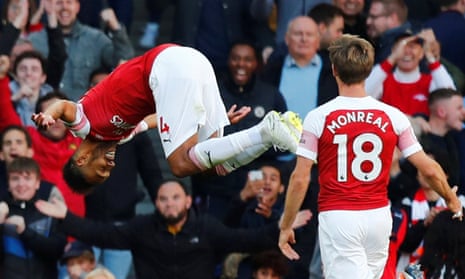 Arsenal’s Pierre-Emerick Aubameyang celebrates scoring their second goal with Nacho Monreal.