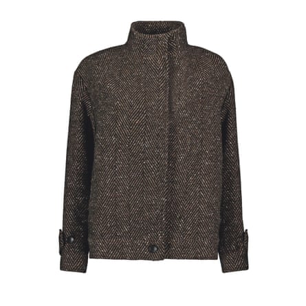 A dark grey, black and brown herringbone jacket on a white background