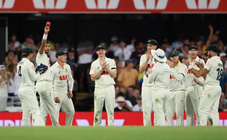 Australia’s Mitchell Starc celebrates his five wicket haul and acknowledges the crowd after taking the wicket of England’s Gus Atkinson