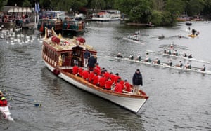 The Queen’s rowing barge, the Gloriana, participates in the Thames flotilla