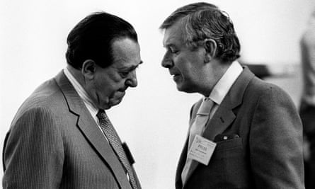 Larry Lamb, right, talks to Robert Maxwell during a Labour party conference in Blackpool.