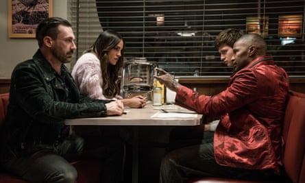 Clean getaway: John Hamm in Baby Driver with fellow robbers (from left) Eiza González, Ansel Elgort and Jamie Foxx.