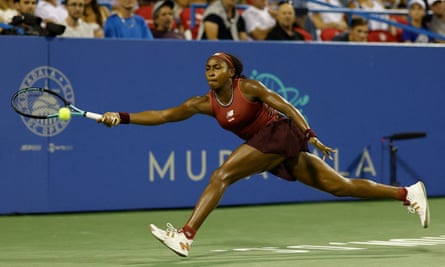 Coco Gauff reaches for a forehand during her comfortable win over Belinda Bencic.